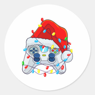 Pegatina Redonda Controlador de videojuego de Navidad Santa Jugador
