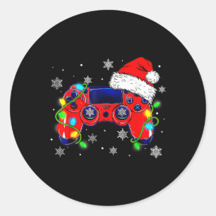 Pegatina Redonda Controlador de videojuego de Navidad Sombrero de S