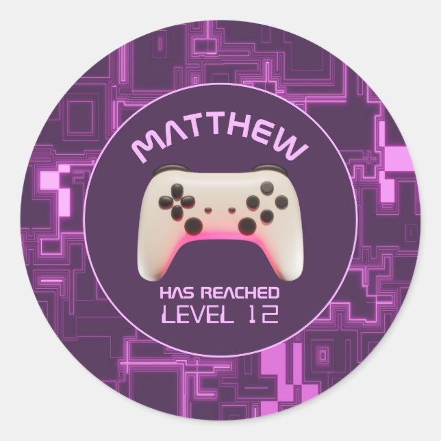 Pegatina Redonda Controlador de videojuegos morado y blanco (Anverso)