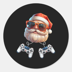 Pegatina Redonda Controlador de videojuegos Navidad Jugador Entusia