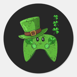 Pegatina Redonda Controlador de videojuegos Shamrock St Patricks Da