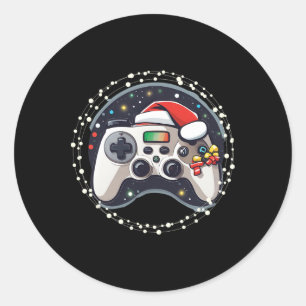 Pegatina Redonda Controlador de videojuegos Sombrero de Santa Navid