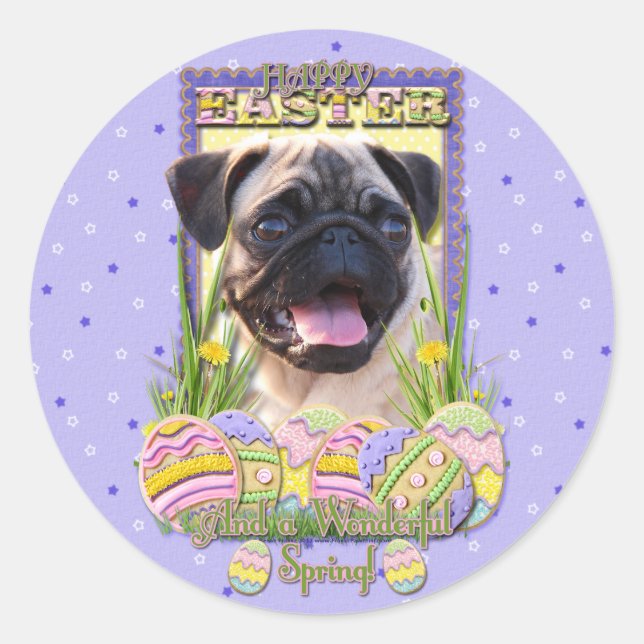 Pegatina Redonda Cookies de Huevo de Pascua - Pug (Anverso)
