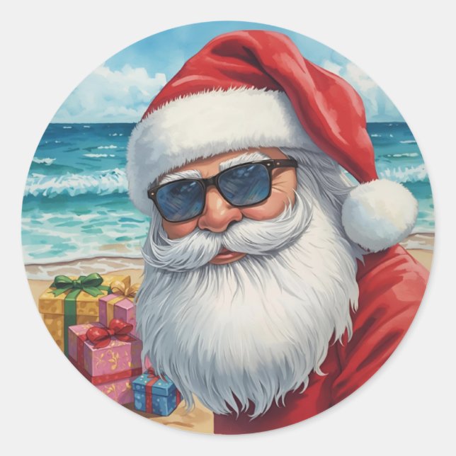 Pegatina Redonda Cool Beach Santa Sticker – Tropical Holiday Vibes (Anverso)