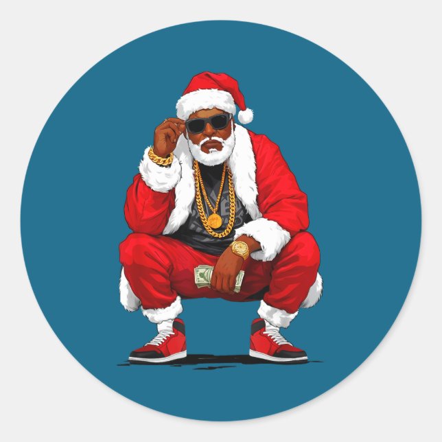 Pegatina Redonda Cool Black Man Santa Claus Christmas African Ameri (Anverso)