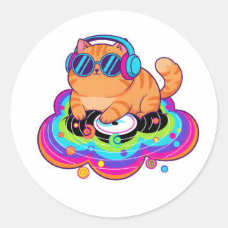 Pegatina Redonda Cool DJ Orange Cat with Headphones on Rainbow Clou