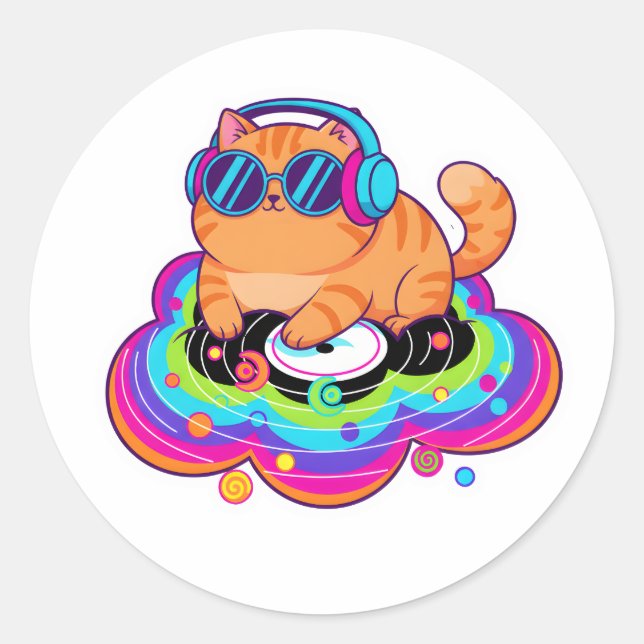 Pegatina Redonda Cool DJ Orange Cat with Headphones on Rainbow Clou (Anverso)