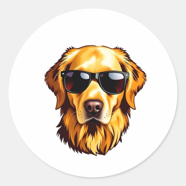 Pegatina Redonda Cool Dog Wearing Sunglasses Golden Retriever (Anverso)