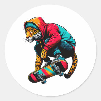 Pegatina Redonda Cool Funky Jaguar Skateboarding Illustration Art