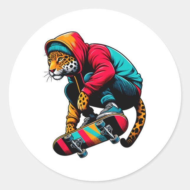 Pegatina Redonda Cool Funky Jaguar Skateboarding Illustration Art  (Anverso)