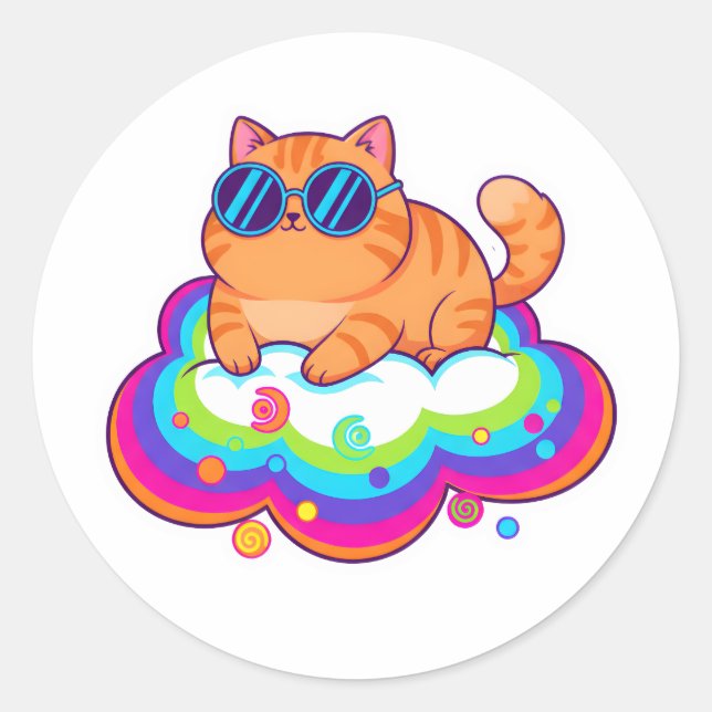 Pegatina Redonda Cool Orange Cat Wearing Sunglasses on Rainbow Clou (Anverso)