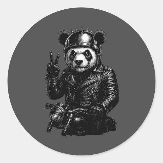 Pegatina Redonda Cool Panda Punk Peace Sign Motorcycle  (Anverso)