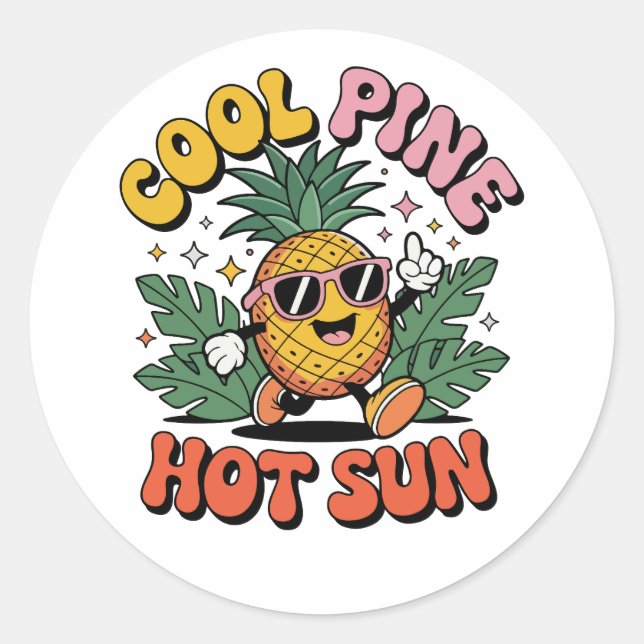 Pegatina Redonda Cool Pine Hot Sun Retro Pineapple Summer Vibes (Anverso)
