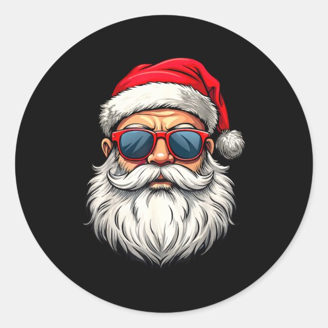 Pegatina Redonda Cool Santa Claus Face Retro Sungles Christmas Men  (Anverso)