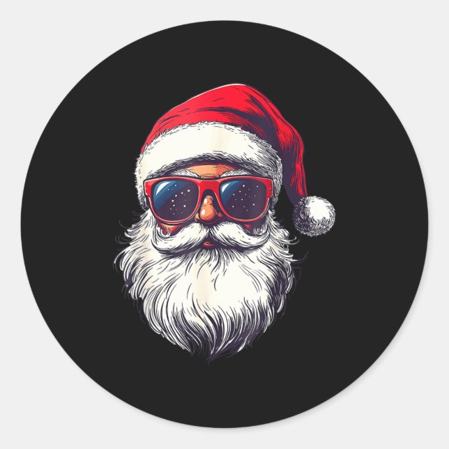Pegatina Redonda Cool Santa Claus Face Retro Sungles Christmas Men  (Anverso)