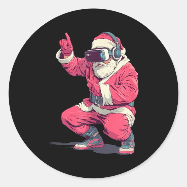 Pegatina Redonda Cool Santa Moves With Vr Headset For Gaming Christ (Anverso)