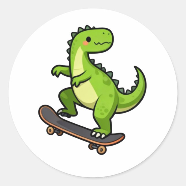 Pegatina Redonda Cool Skateboarding Dinosaur Kids T-Shirt Design (Anverso)
