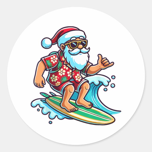 Pegatina Redonda Cool Surfing Santa Christmas In July Summer Beach  (Anverso)