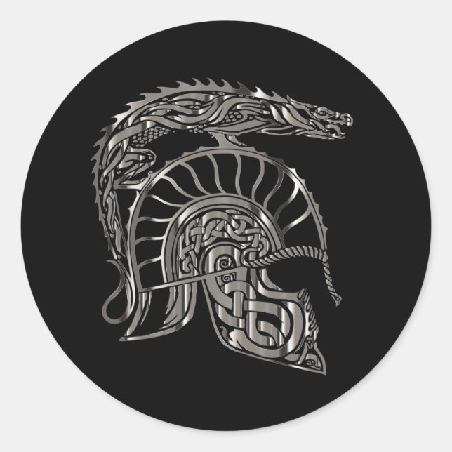 Pegatina Redonda Cool Warrior Metallic Dragon Helmet (Anverso)
