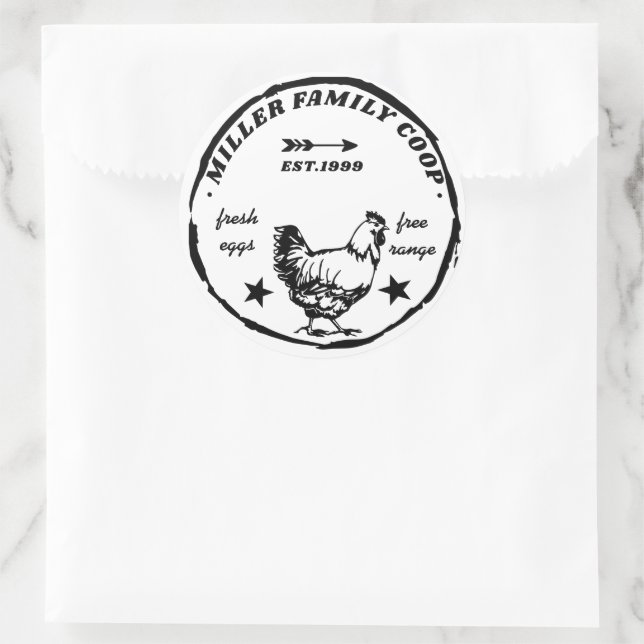 Pegatina Redonda Coop familiar Hen Fresh Eggs (Bolso)