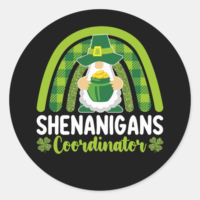 Pegatina Redonda Coordinador de Shenanigans Gnomes St Patrick's Day (Anverso)