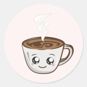 Pegatina Redonda Copa Kawaii de café, té