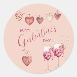 Pegatina Redonda Copas de vino y corazones festivos del Día de Gale