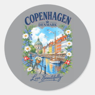 Pegatina Redonda Copenhague Ciudad Dinamarca Bandera Nyhavn Viajes