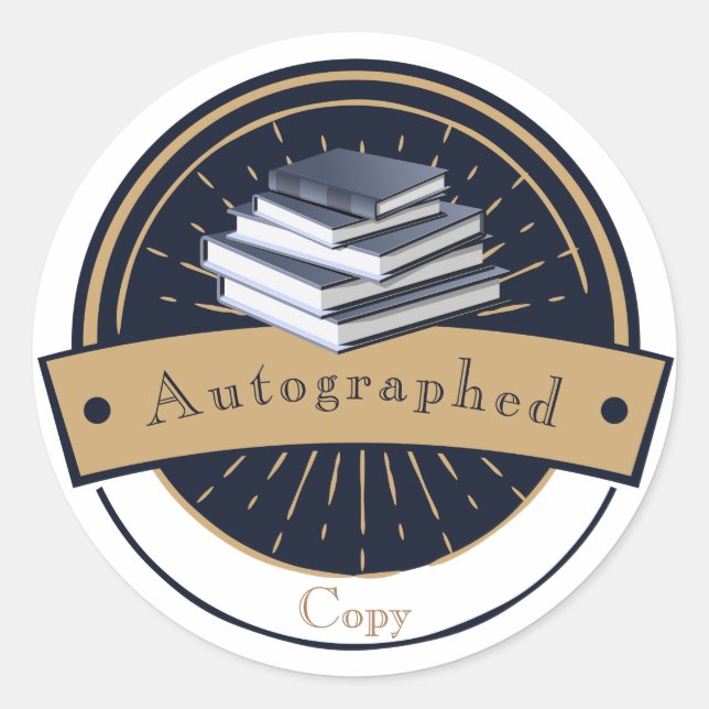 Pegatina Redonda Copia autografiada, pila de libros (Anverso)