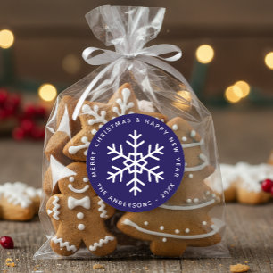 Pegatina Redonda Copo de Nieve Azul Feliz Navidad y Feliz Año Nuevo