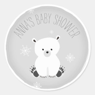 Pegatina Redonda Copo de nieve Baby Shower gris neutral del oso