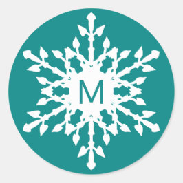 Pegatina Redonda Copo de nieve blanco monogramado en Verde azulado