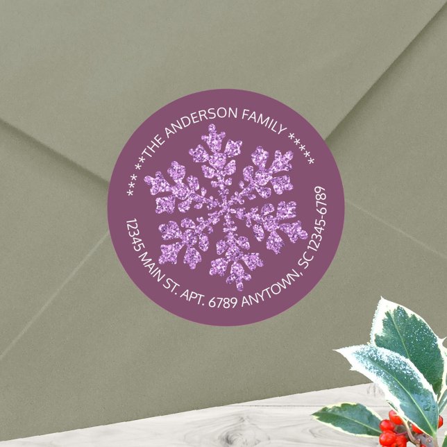 Pegatina Redonda Copo de Nieve Ciruela Brillo Chic Rústico Personal (Plum purple round stickers with your name and address in white can be used as envelope seals too)