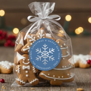 Pegatina Redonda Copo de Nieve de Navidad Azul Elegante Hoja de Pla