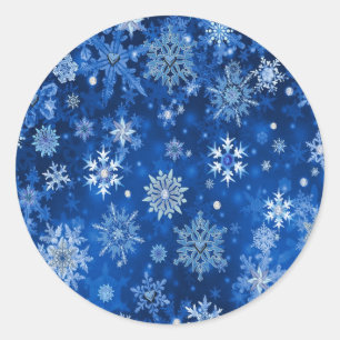 Pegatina Redonda Copo de Nieve de Navidad Azul y Plateado