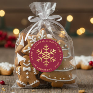 Pegatina Redonda Copo de Nieve de Navidad Burdeos Falso Oro Elegant