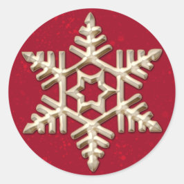 Pegatina Redonda Copo de nieve dorado en festividad roja