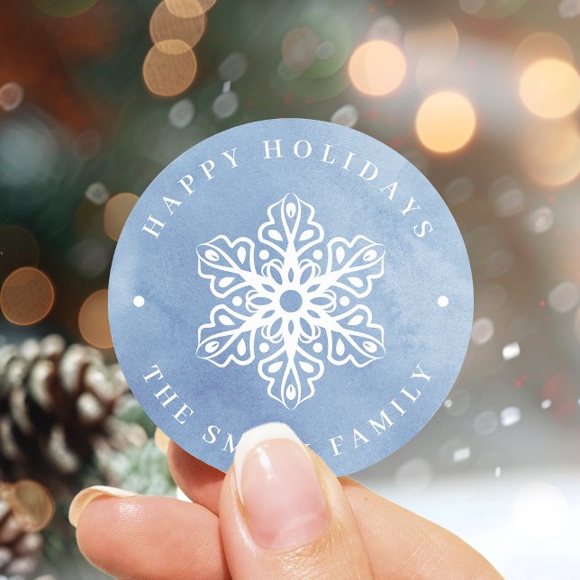Pegatina Redonda Copo de nieve en acuarela artística azul Navidad (Artistic Watercolor Snowflake blue Christmas Classic Round Sticker)