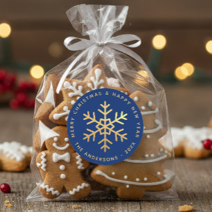 Pegatina Redonda Copos de nieve azul real elegante falso oro Navida