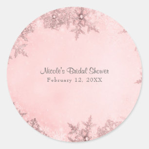 Pegatina Redonda Copos de Nieve de Invierno Elegantes Rosa Suave