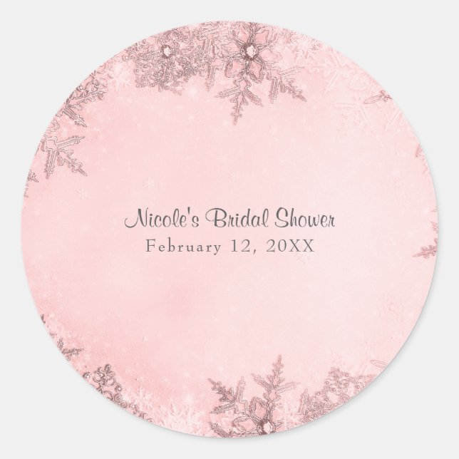 Pegatina Redonda Copos de Nieve de Invierno Elegantes Rosa Suave (Anverso)