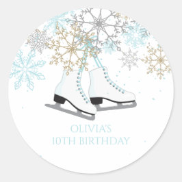 Pegatina Redonda Copos de nieve de patinaje sobre hielo azul y dora