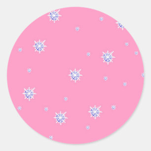 Pegatina Redonda Copos de nieve en invierno rosa