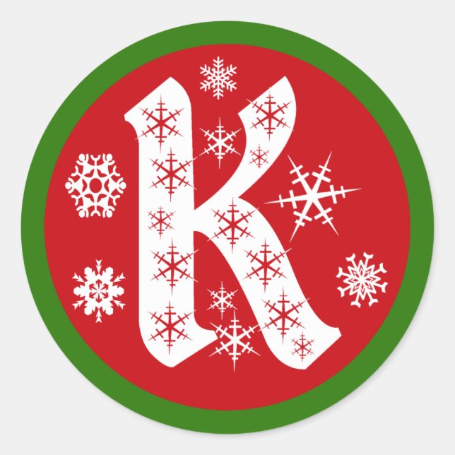 Pegatina Redonda Copos de nieve Monograma K (Anverso)