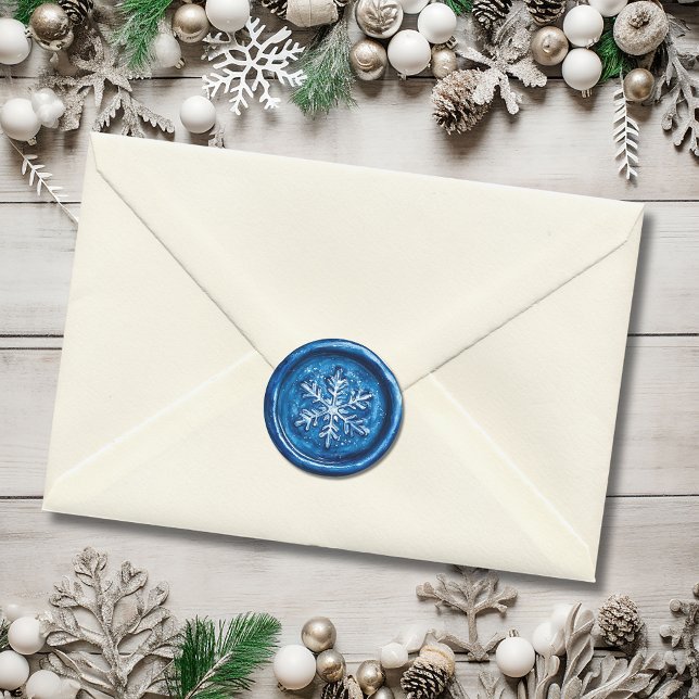 Pegatina Redonda Copos de Nieve Navideños de Cera Falsa Azul (Blue Snowflake Christmas Faux Wax Classic Round Sticker)