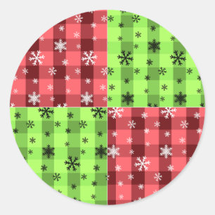 Pegatina Redonda Copos de nieve Plaid Rojo y Verde Navideño