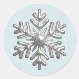 Pegatina Redonda Copos de nieve plateados 3D Navidad azul