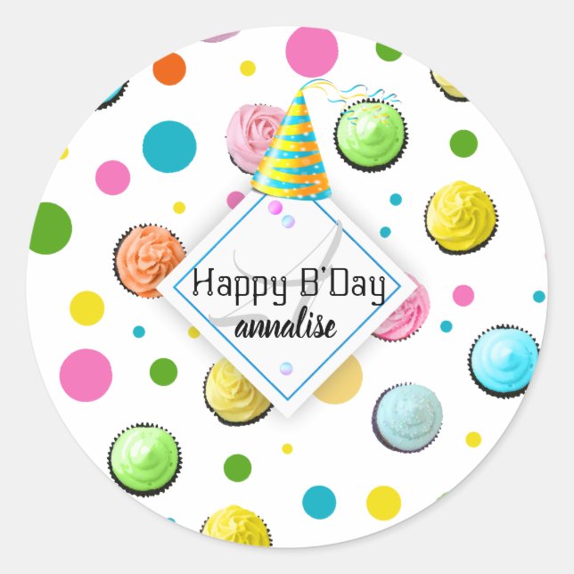 Pegatina Redonda Copos y puntos de cumpleaños Monograma (Anverso)