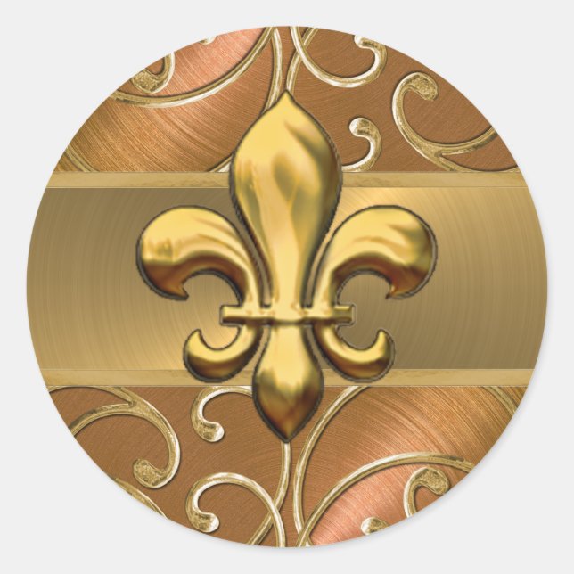 Pegatina Redonda Copper y Gold Filigree Swirls Fleur de Lis (Anverso)