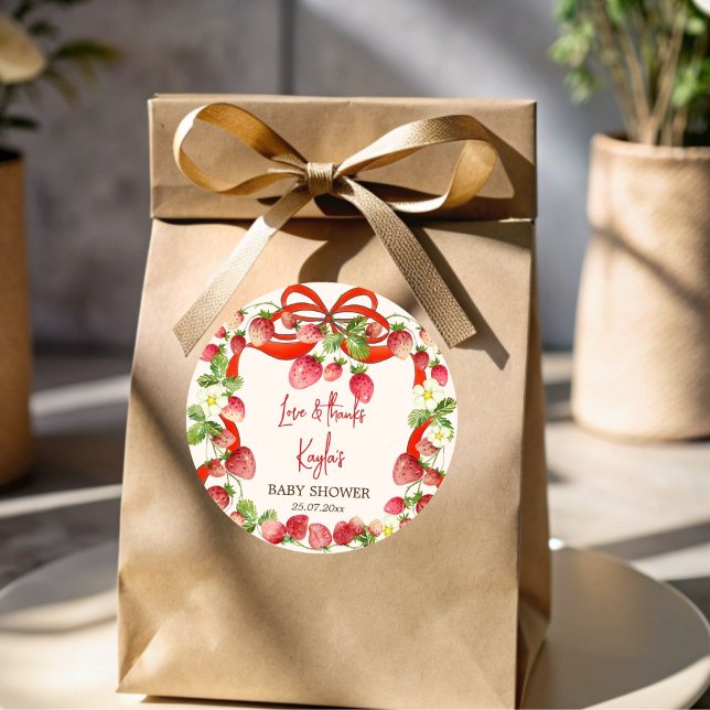 Pegatina Redonda Coqueta de arándano de fresa de coco de bebé ducha (Strawberry ribbon bow coquette baby shower favors 
 personalized printed sticker)